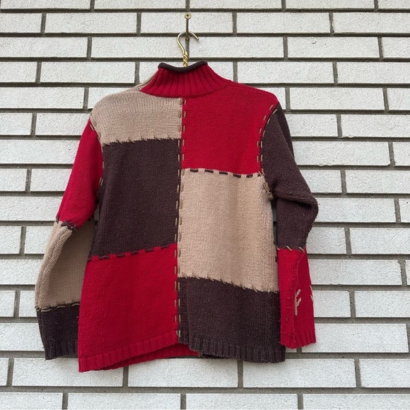Mandal Bay Patchwork Tree Knit Sweater Red Brown Beige Fall Y2K Cottagecore M - Picture 10 of 10